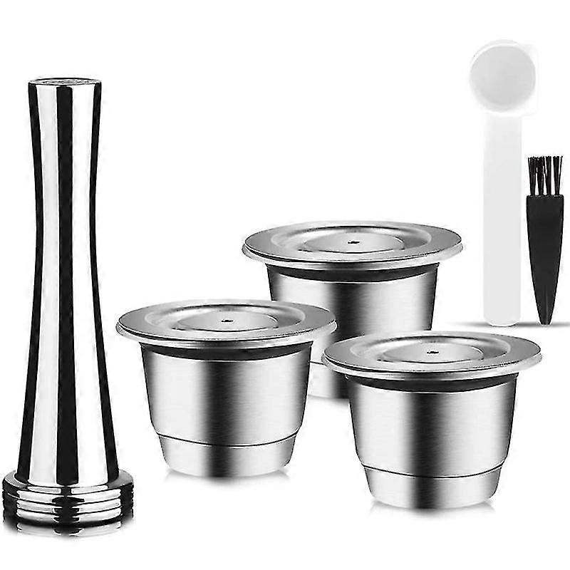 Capsules réutilisables, acier inoxydable, 3 pièces Tampons rechargeables pour Nespresso + 1 Tamper + 1 Cuillère + 1