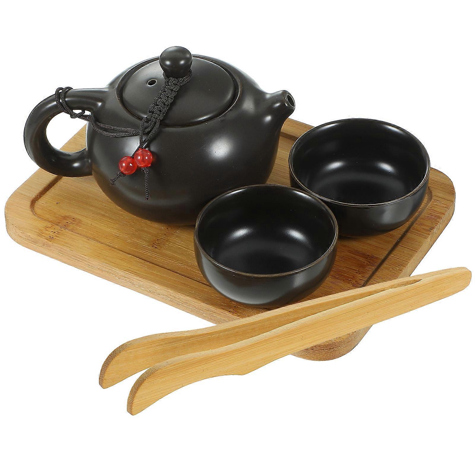 Portable Travel Tea Set with Teapot and 2 Cups in Black Porcelain for Brewing Various Teas Perfect for Travelling Use 6.5 x 4.2 Inches