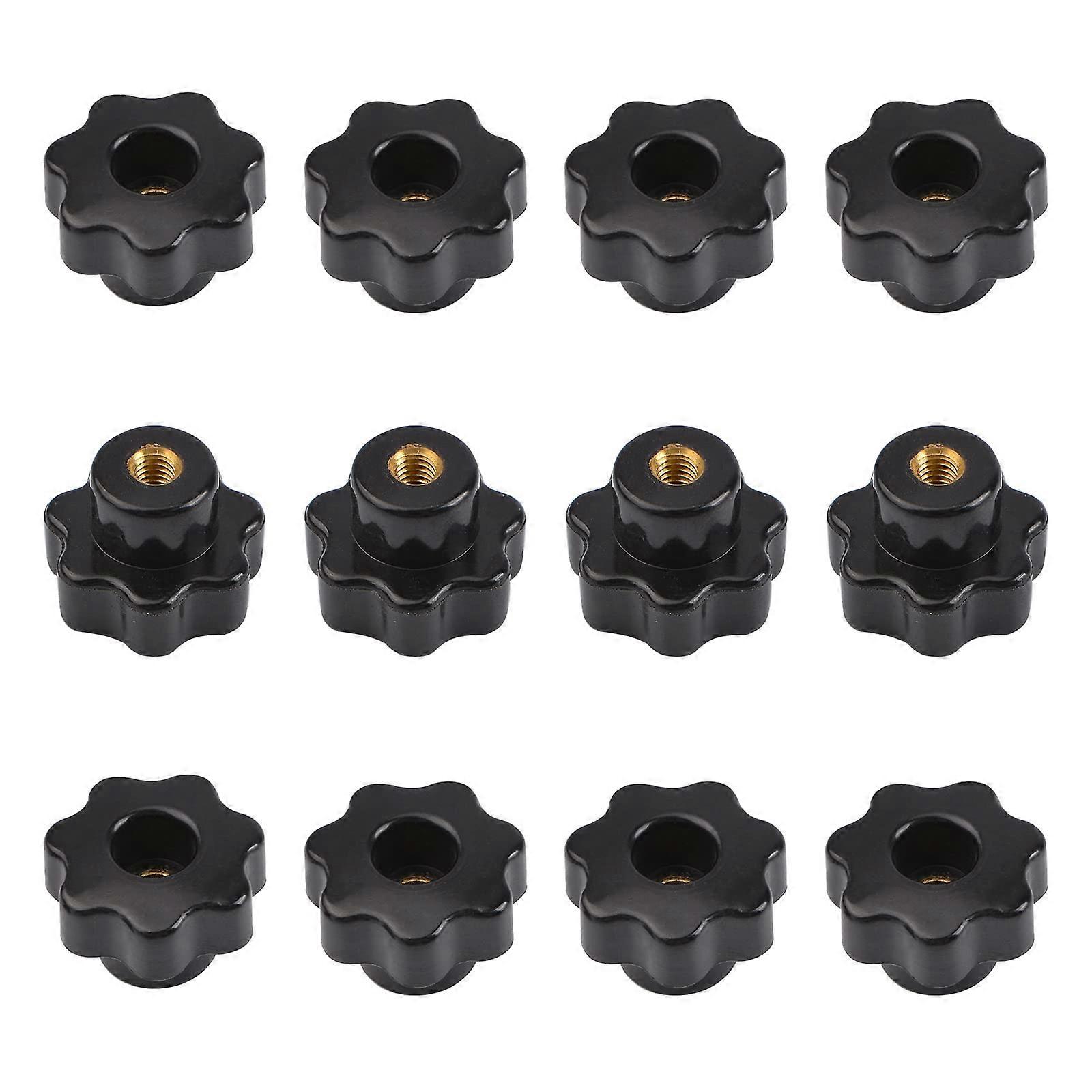 Star Knob M5 Knurled Thread Clamping Knob Set, 12 Black Plastic Through Hole Knobs with Brass Female Threaded Nut