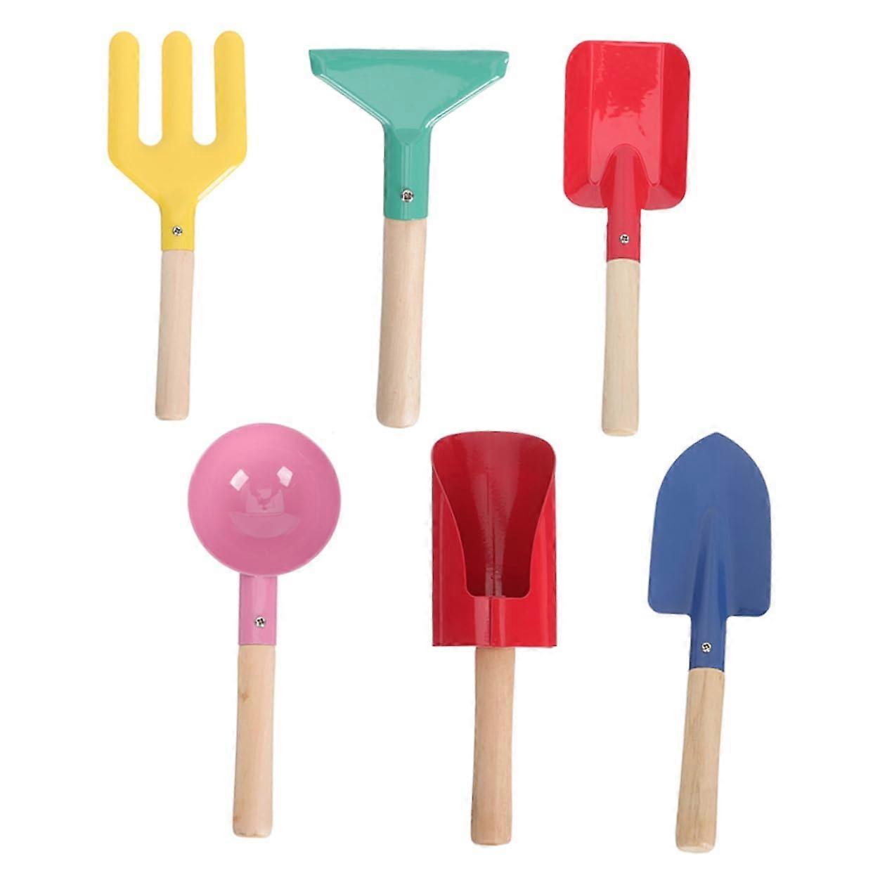 6Piece Sand Toy Set with Metal Garden Tools and Sturdy Wooden Handles for Beach, Sandbox, and Garden, Promotes Motor Skills and Coordination