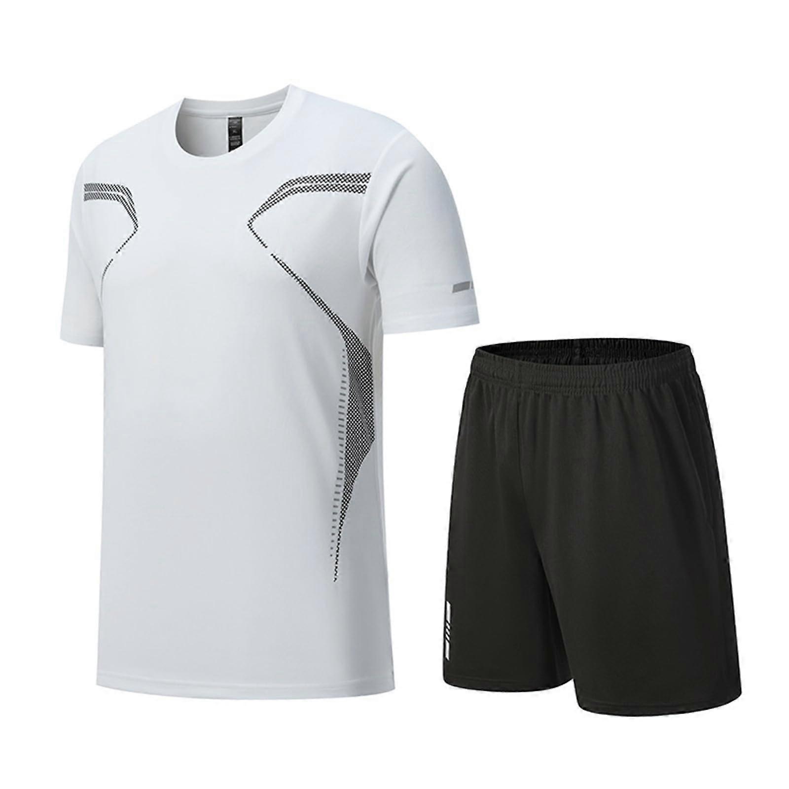 Two-Piece Men's Summer Short Quick-Drying Sports Suit, White, Size XL, Breathable Loose-Fit T-Shirt And Shorts