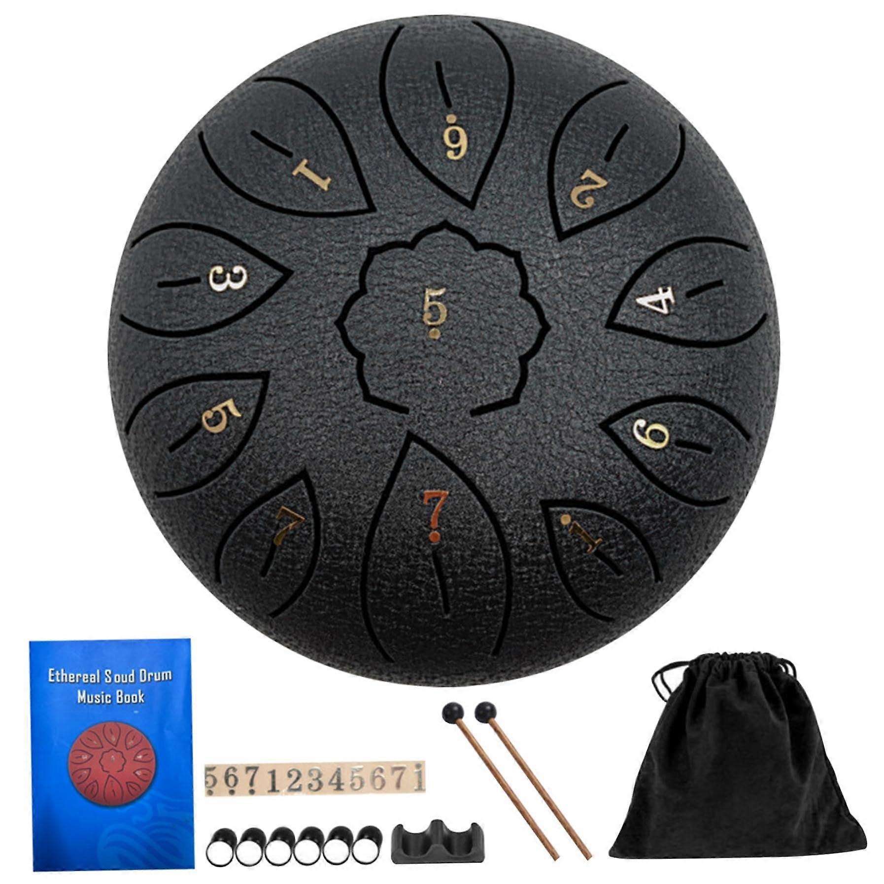 Steel Tongue Drum 11 Notes 6 in Dia. Portable Rain Drum with Mallet, Carry Bag, Music Book Meditative Tongue for Yoga, Prenatal Music Training (Black)