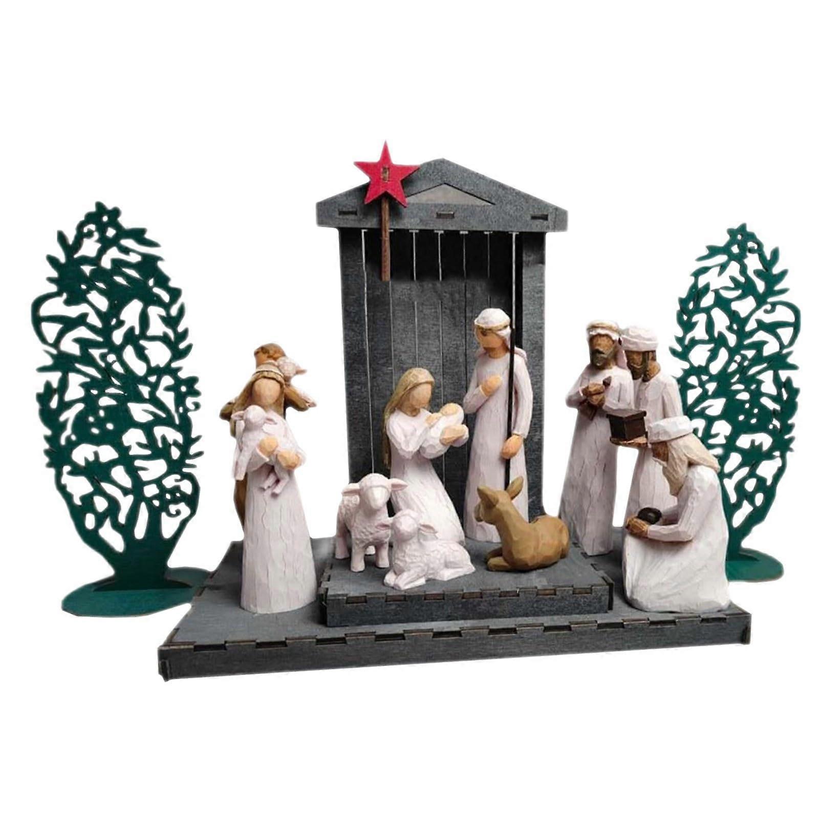Easter Decorations Table Nativity Set with 10 Resin Figures and Stable for Christian Home Decor Good Friday Thanksgiving