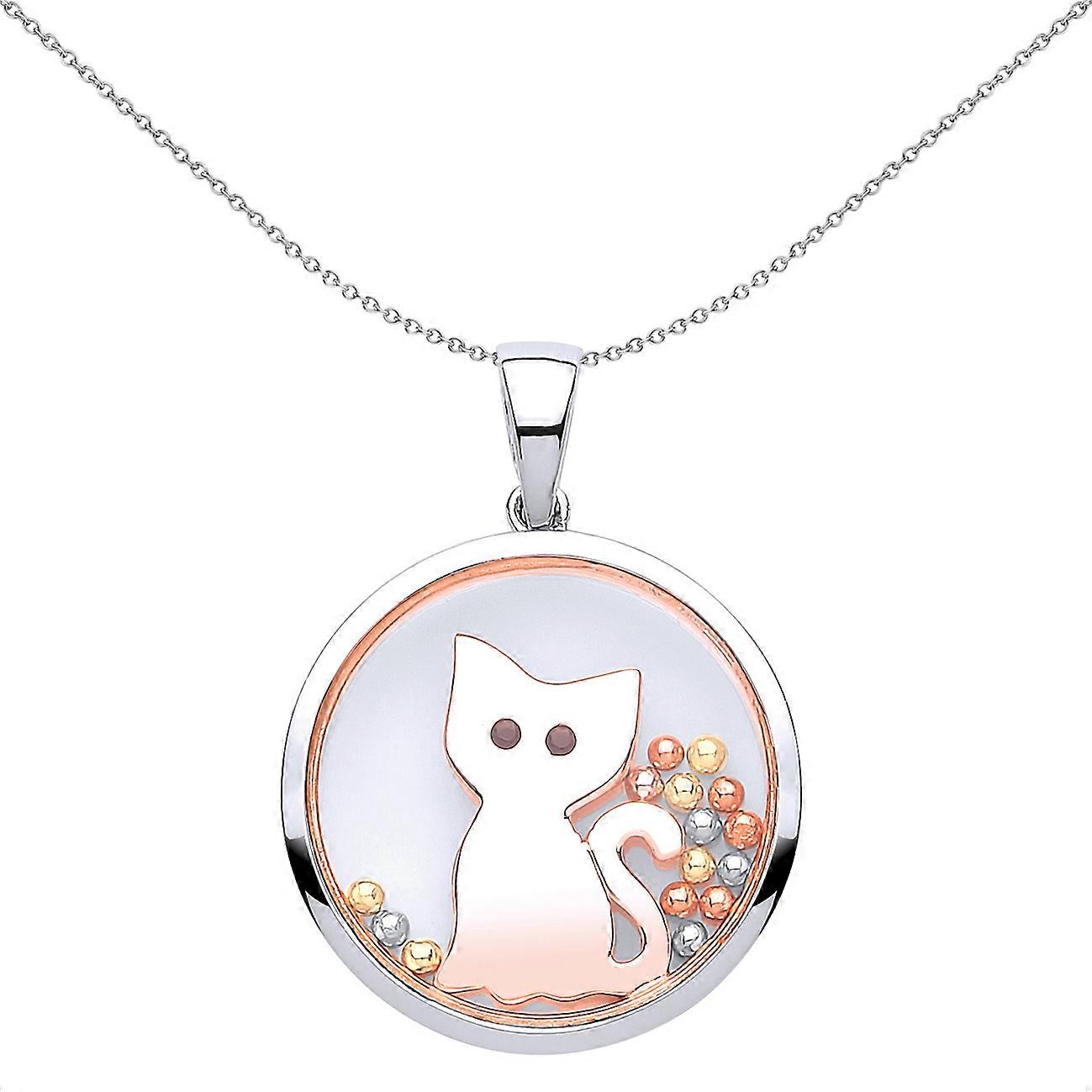Jewelco London Ladies Rose Gold-Plated Sterling Silver black Cubic Zirconia Floating Bead Kitty Cat Pendant Necklace 18 inch