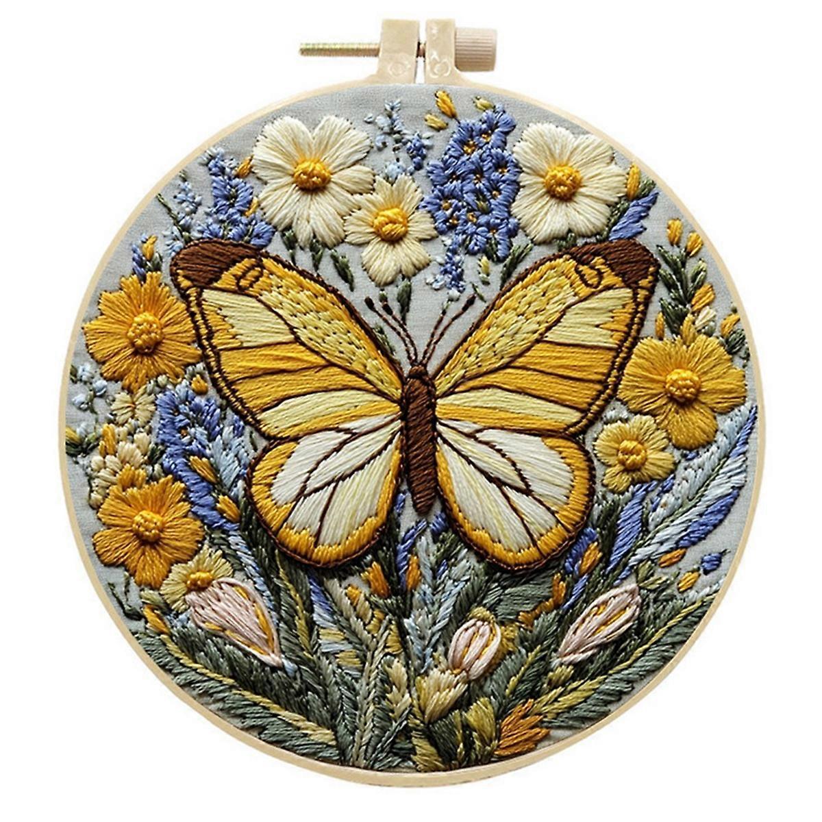 Butterfly Flower Embroidery Practice Kit, Beginners Embroidery Kit Include Embroidery Cloth Threads