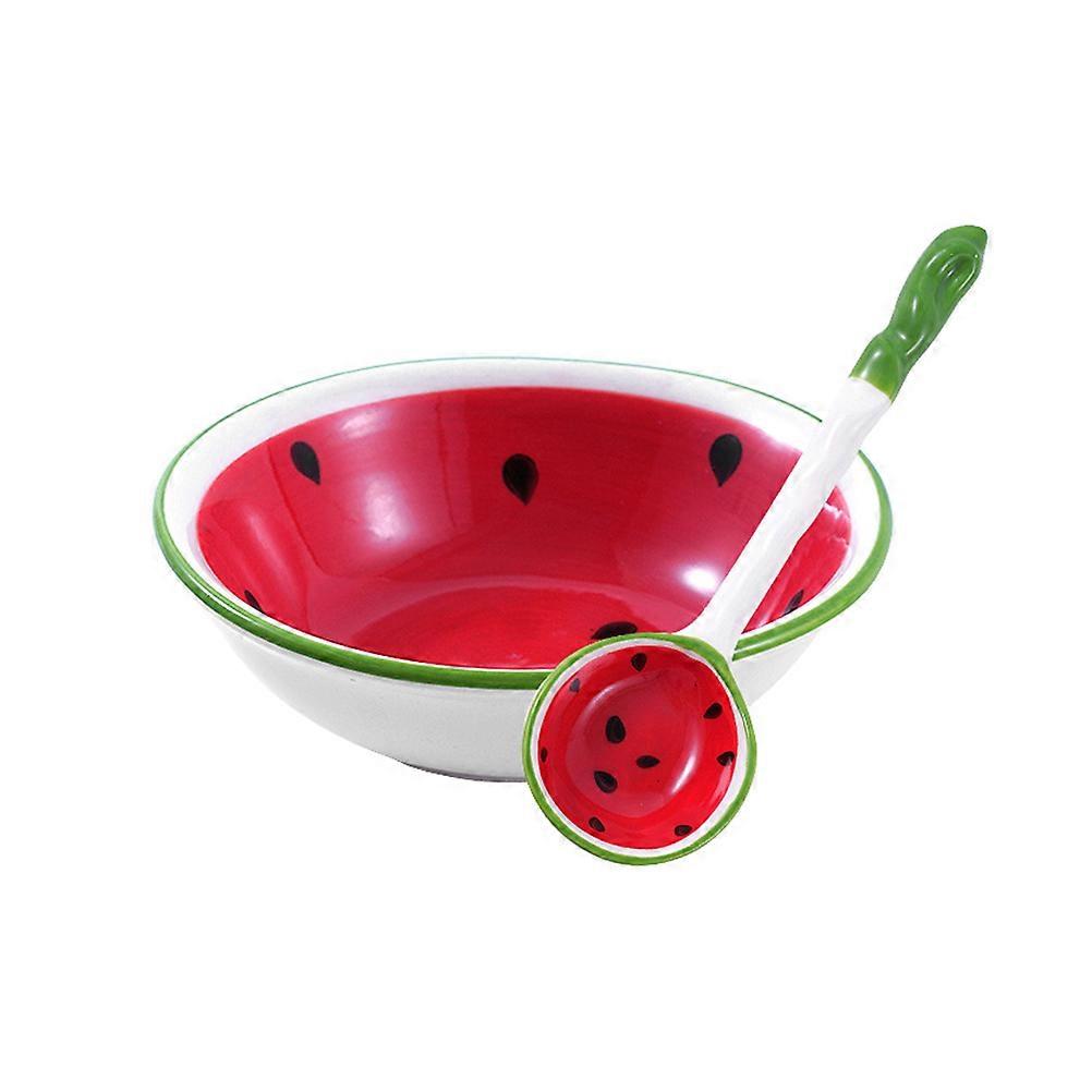 Red Ceramic Soup Bowl Spoon Kit for Home Use 3Sets Fruit Design