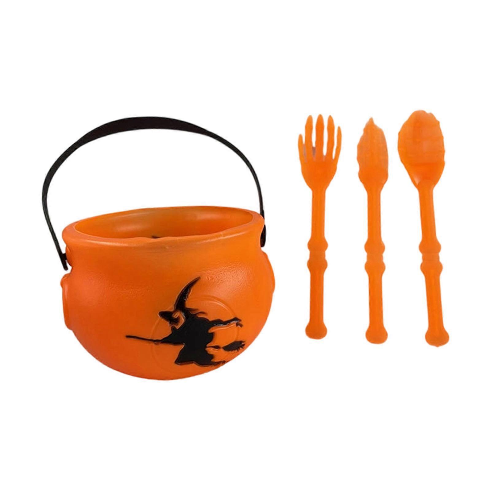 Halloween Witch Cauldron Candy Bucket With Plastic Tableware Portable Candy Container Treat Bucket with Handle For Kid  Orange