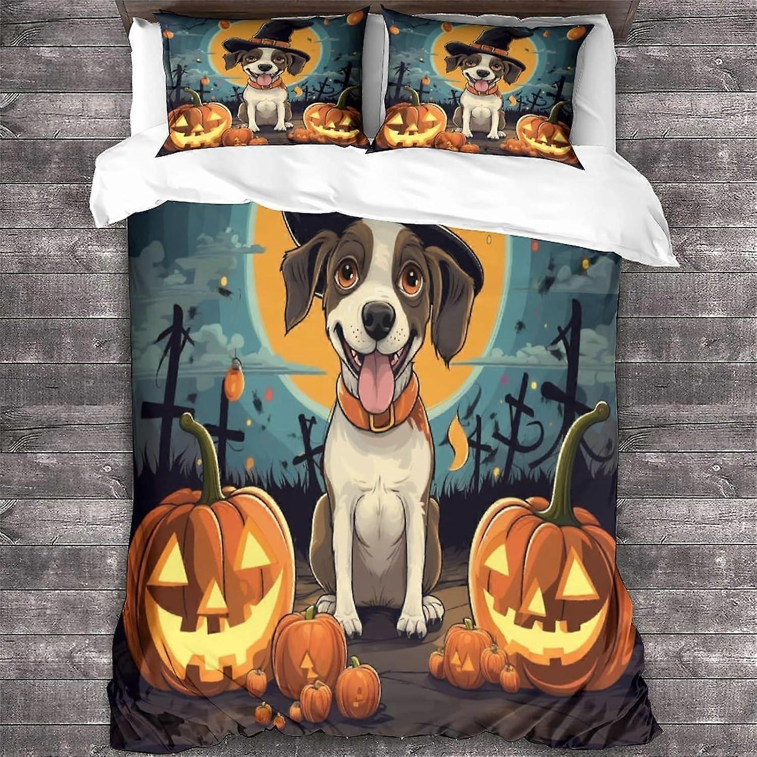 LikeEj Hund Sängkläder För Flickor Pojkar Halloween Mönster Täcke Överkast 3 Piece Animal Påslakan Set för Bed King