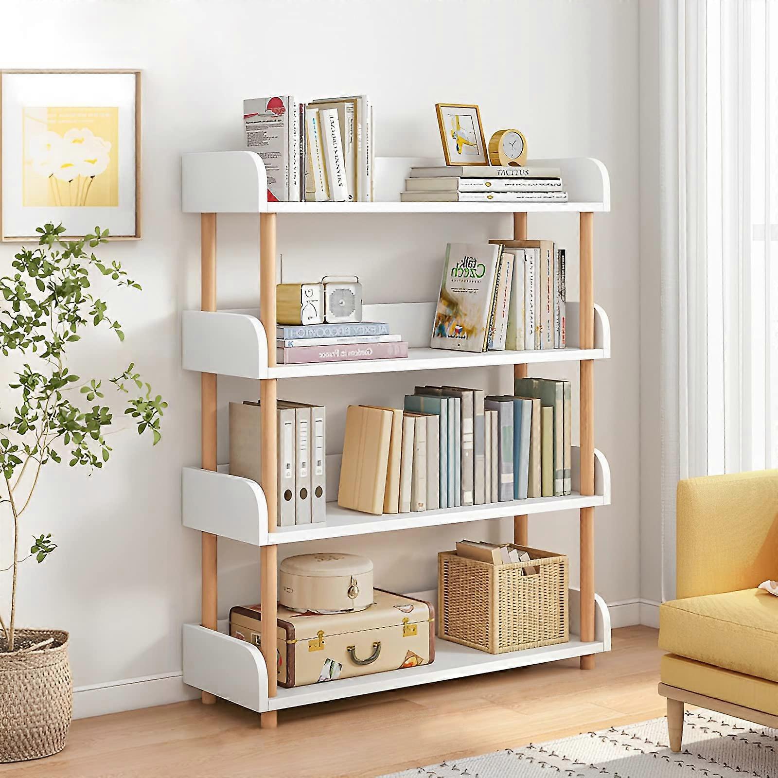 4Tier Wooden Bookcase with Solid Wood Frame and  Edge, Open Display Shelf for Home and Office Storage, Warm White