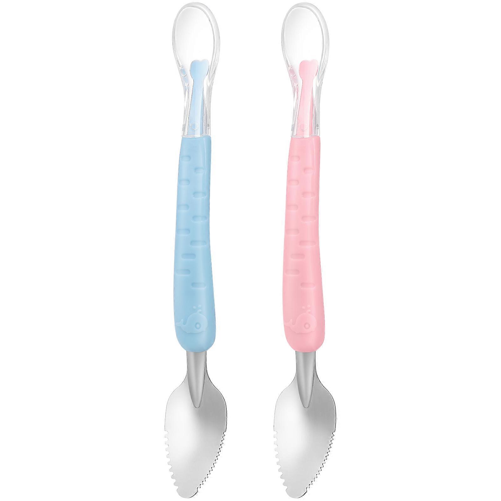 2pcs Kids Double-headed Spoon Silicone Handle Fruit Puree Spoon Eating Tool