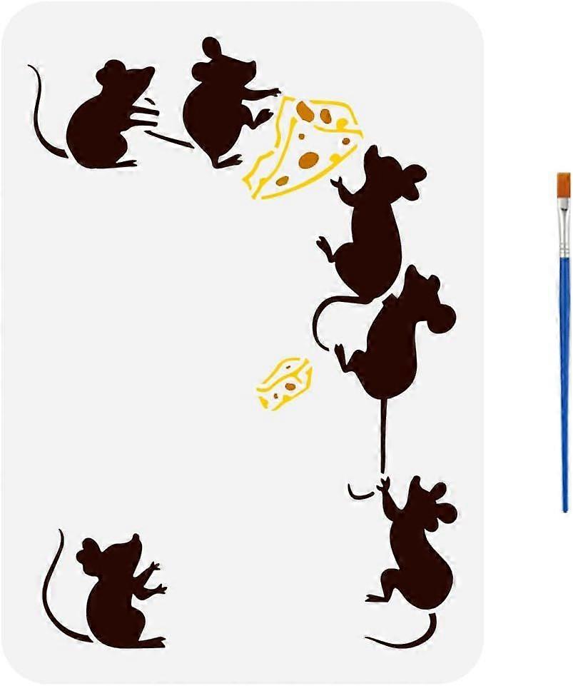 Mouse Cheese Stencil with Paint Brush 8.3x11.7inch Cute Mouse Painting Template Cheese Pattern Stencil for Painting Mouse Silhouette Template Animal T