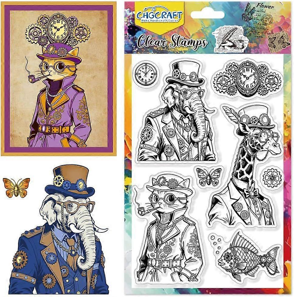 Punk Animals Pattern Clear Stamps Transparent Steam Style Mechanical Animals Silicone Stamp Seal for DIY Scrapbooking and Card Making Paper Craft Deco