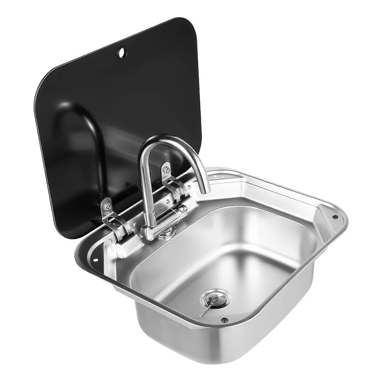 RV Sink with Glass Lid, 304 Stainless Steel Camper Van Basin, Compact Design with Foldable Faucet