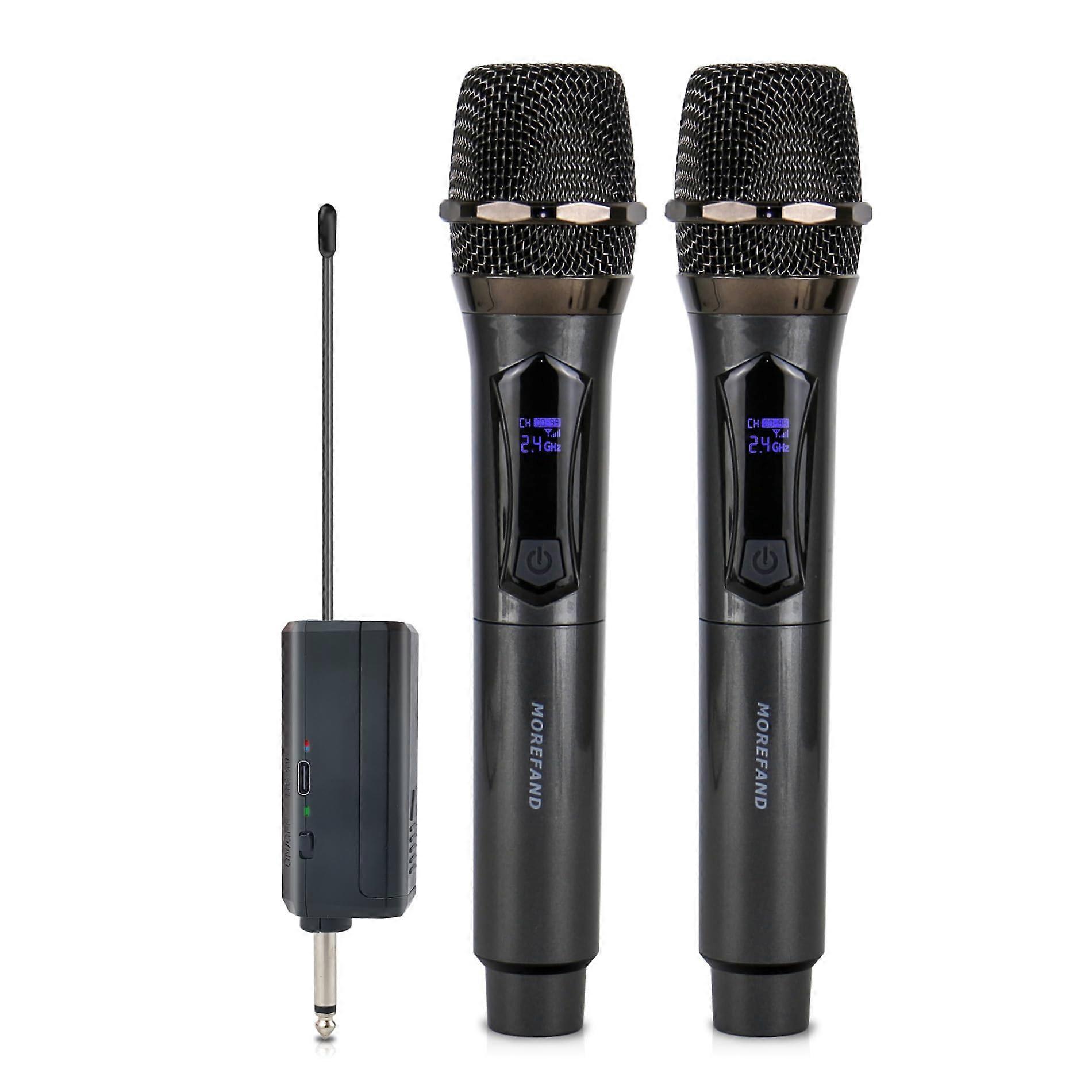 Wireless Microphone System with Dual Cardioid Mics, LCD, DSP Noise Reduction, 2.4GHz, Gray Black for Karaoke, Wedding, DJ, Speech