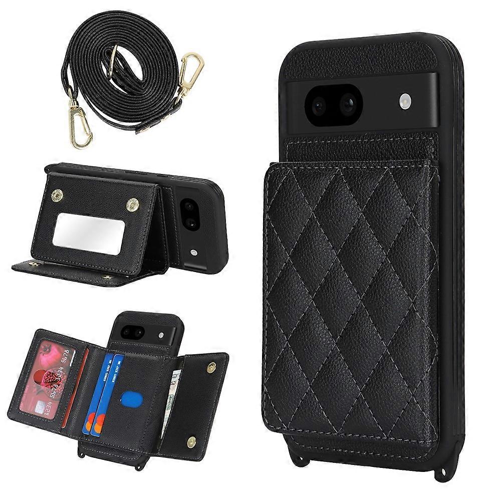 Compatible For Google Pixel 8a Case with Lanyard / Mirror / Card Holder Grids Pattern RFID Phone Cover