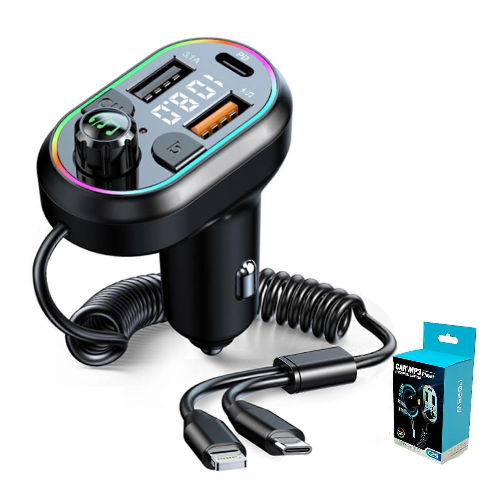 Bluetooth FM Transmitter for Car with 25W TypeC Fast Charging, Retractable Cables and LED Light