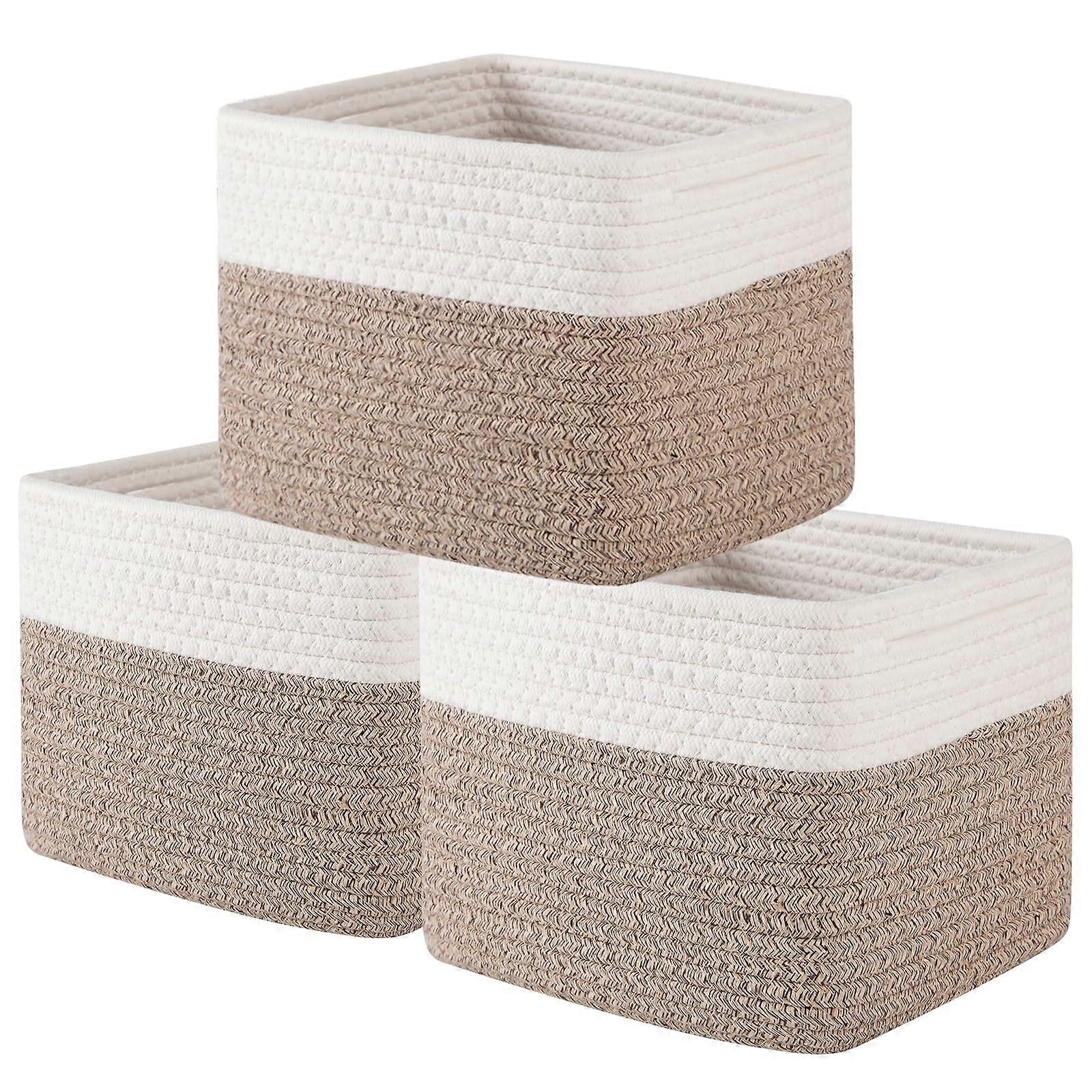 3Pack 9x9x7 Cotton Rope Storage Baskets with Handles for Shelves, SpaceSaving Cube Design, Brown and White