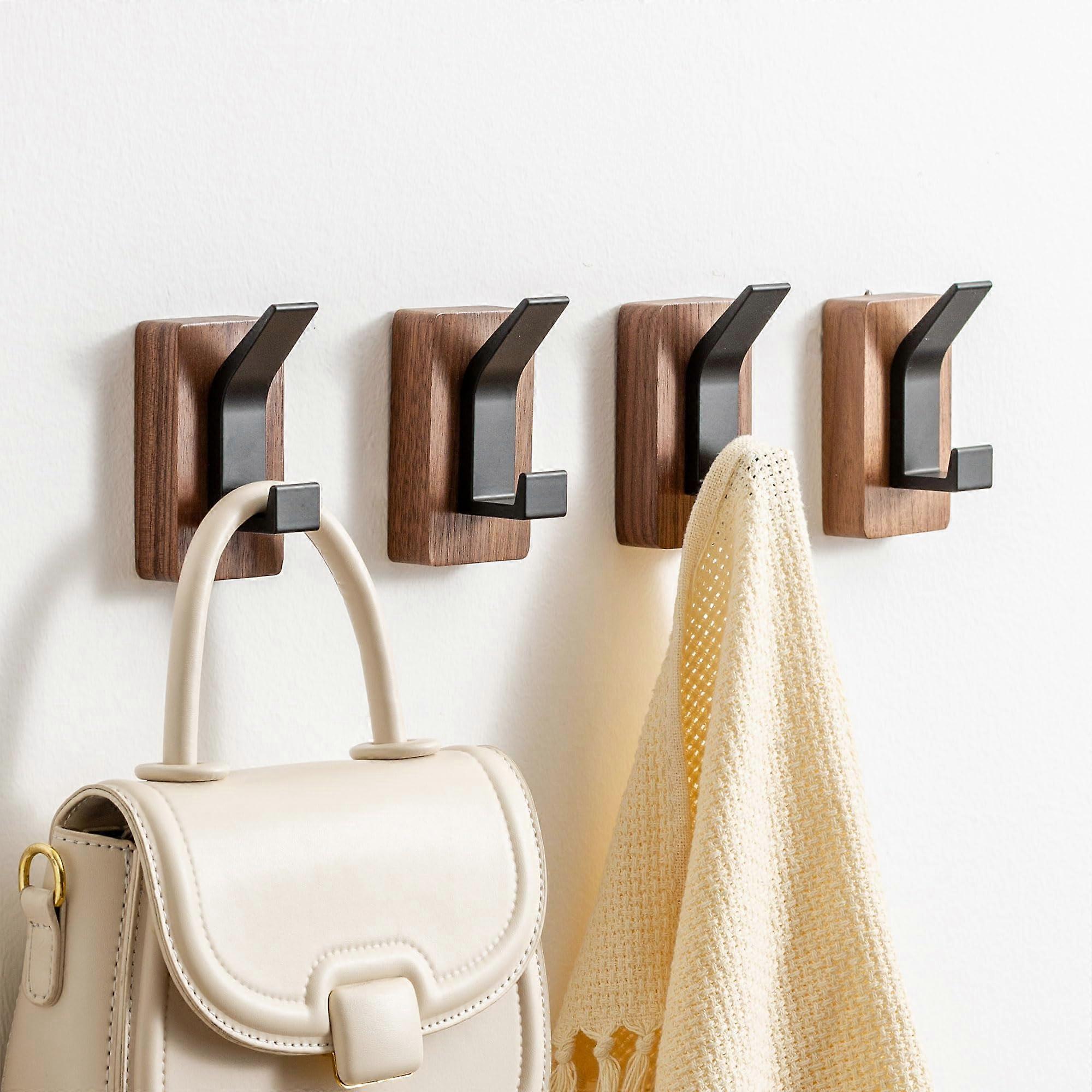 4Pack Solid Walnut Wall Hooks with DoubleLayer Coat Rack for Farmhouse Entryway and Bathroom