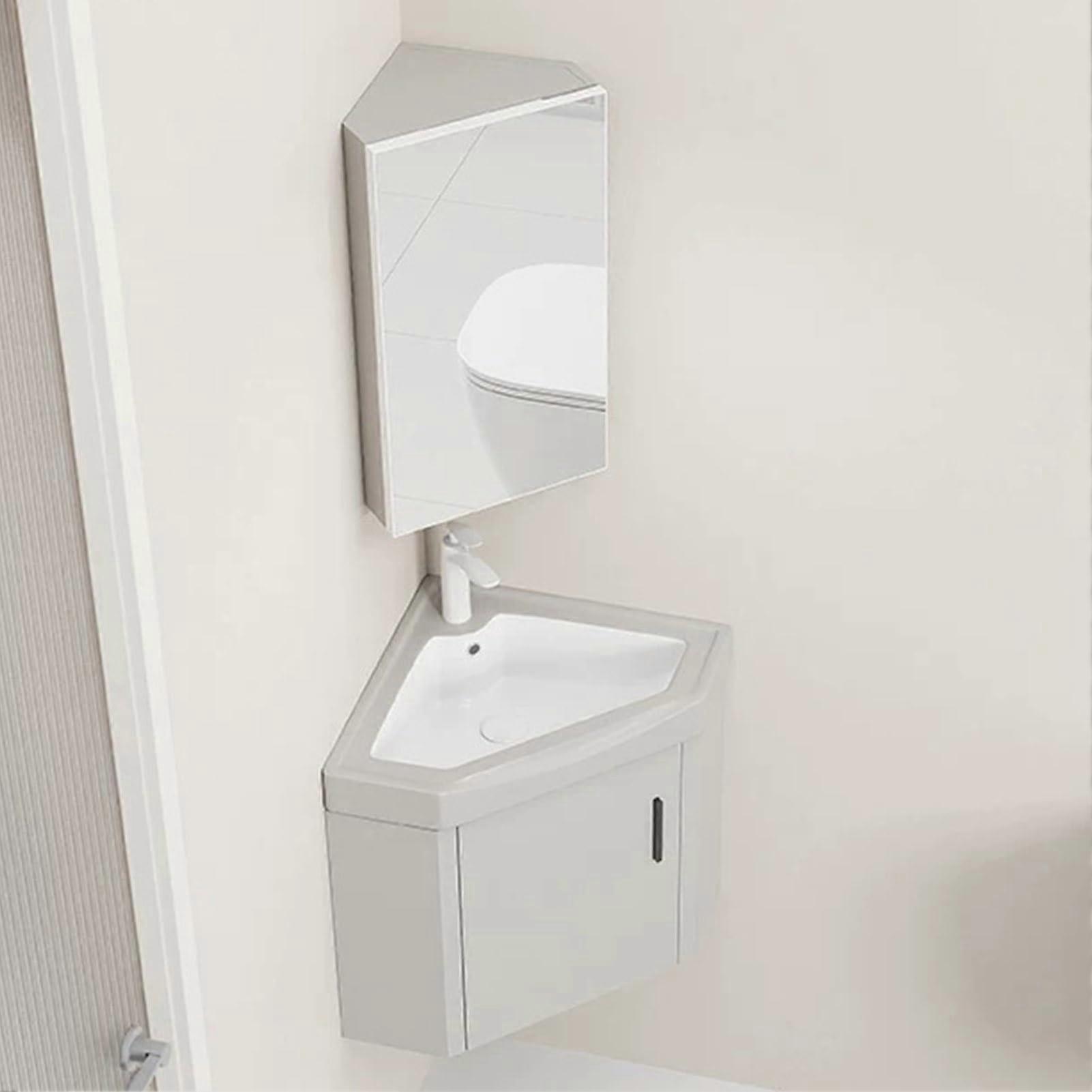 Corner Bathroom Sink with Storage, Gray Ceramic Wall Mounted Vanity for Small Space 48cm