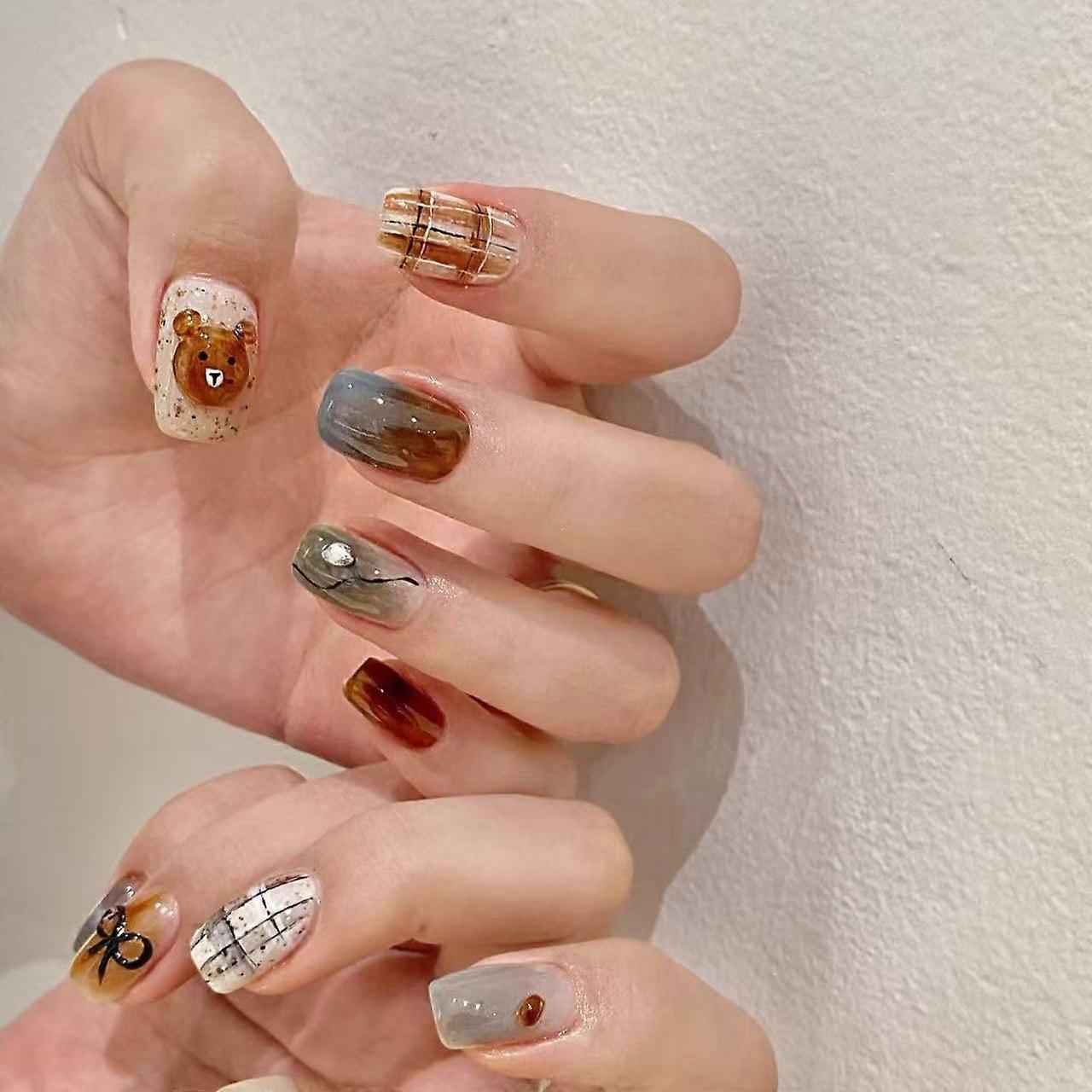 Marble Gray and Gold Press On Nails with Cute Bear Design, Square Shape False Nails, 10pcs S