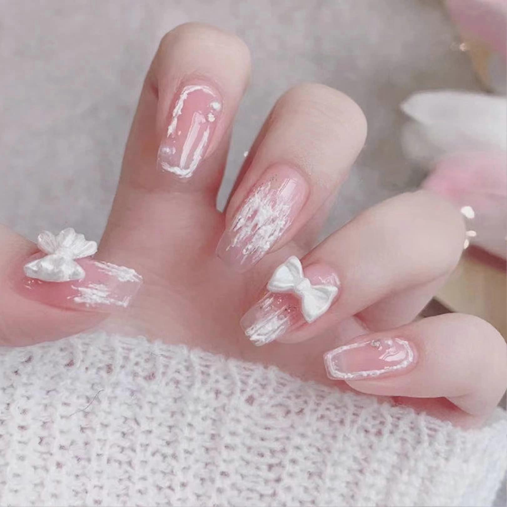 24pcs Long Square Press On Nails Set with Butterfly Design, Reusable False Nails for Full Coverage