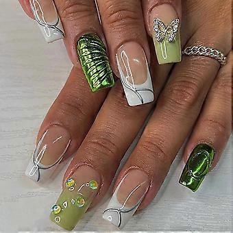 Press on Nails Medium Square Nude Acrylic with White and Green Rhinestones 24pcs Fake Nails Kit