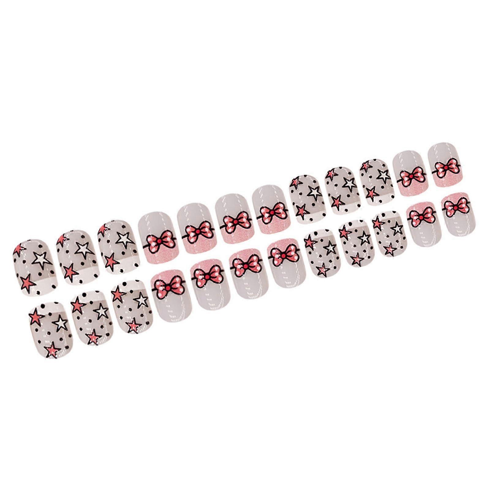 24 Pcs Short Square Press On Nails with Elegant Star Bowknot Design Acrylic False Nails