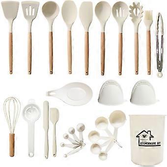 Kitchenware Set, 28pcs Set Non-stick Silicone Cooking Kitchenware Set Without Bpa With Bracket, Heat-resistant Wooden Handle, Kitchenware white GuanGu