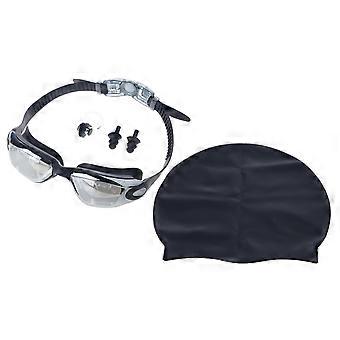 Waterproof Swim Goggles and Caps Sets Swimming Goggles Stretch Swimming Caps Hats Swim Glasses with Nose Clip Ear Plugs  Black