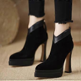 Block Heel Single Boots Women's Fashion Pointed Toe Suede Rear Zip Platform Non-Slip Wear-Resistant Heel Booties
