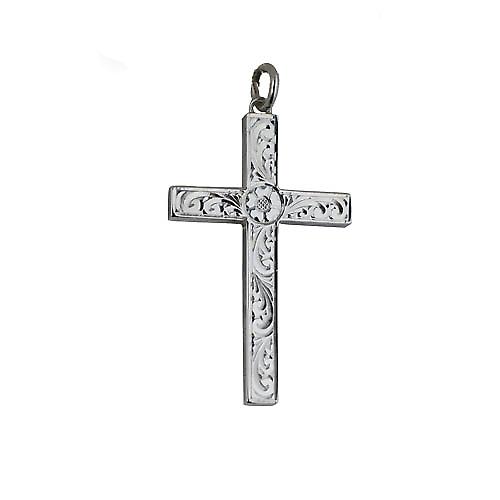 Silver 40x25mm victorian hand engraved solid block Cross