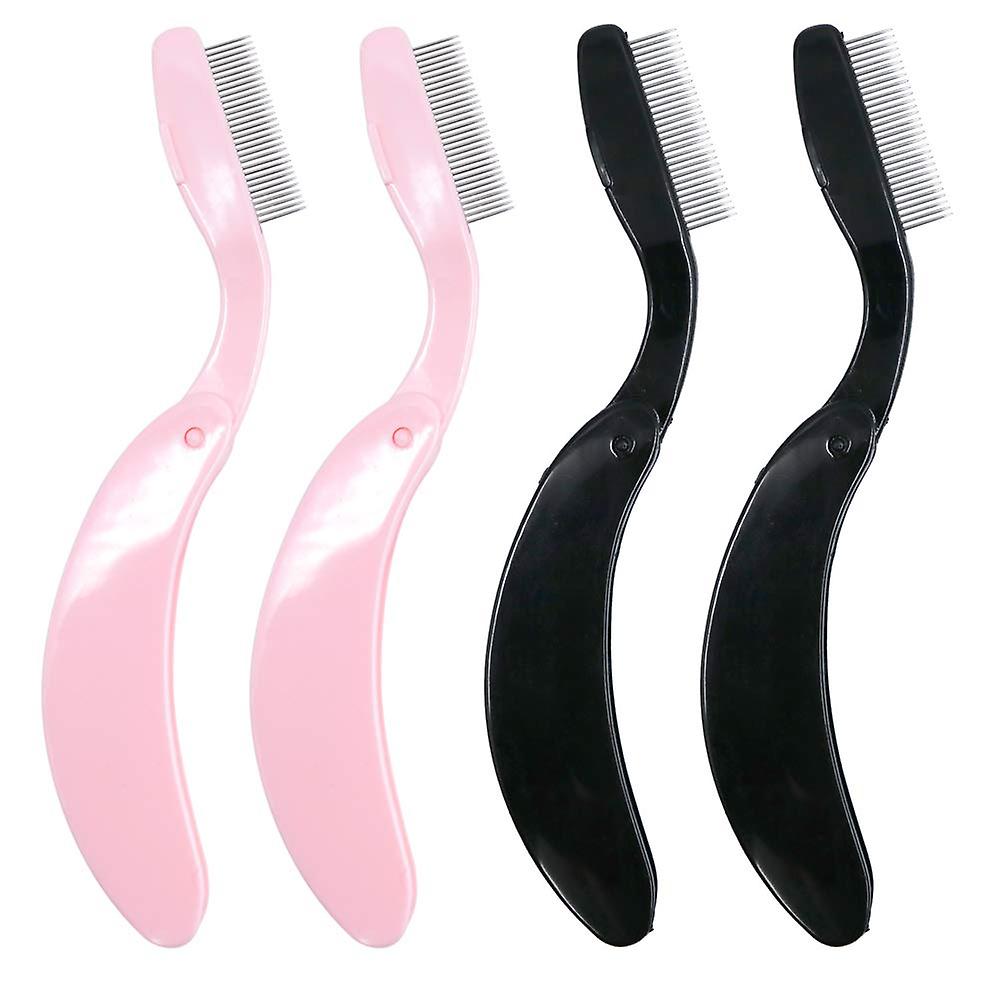 Folding Eyelash Comb, 4 PCS Eyebrow Comb Metal Teeth, Professional Tool for Define Lash & Brow (Pink)
