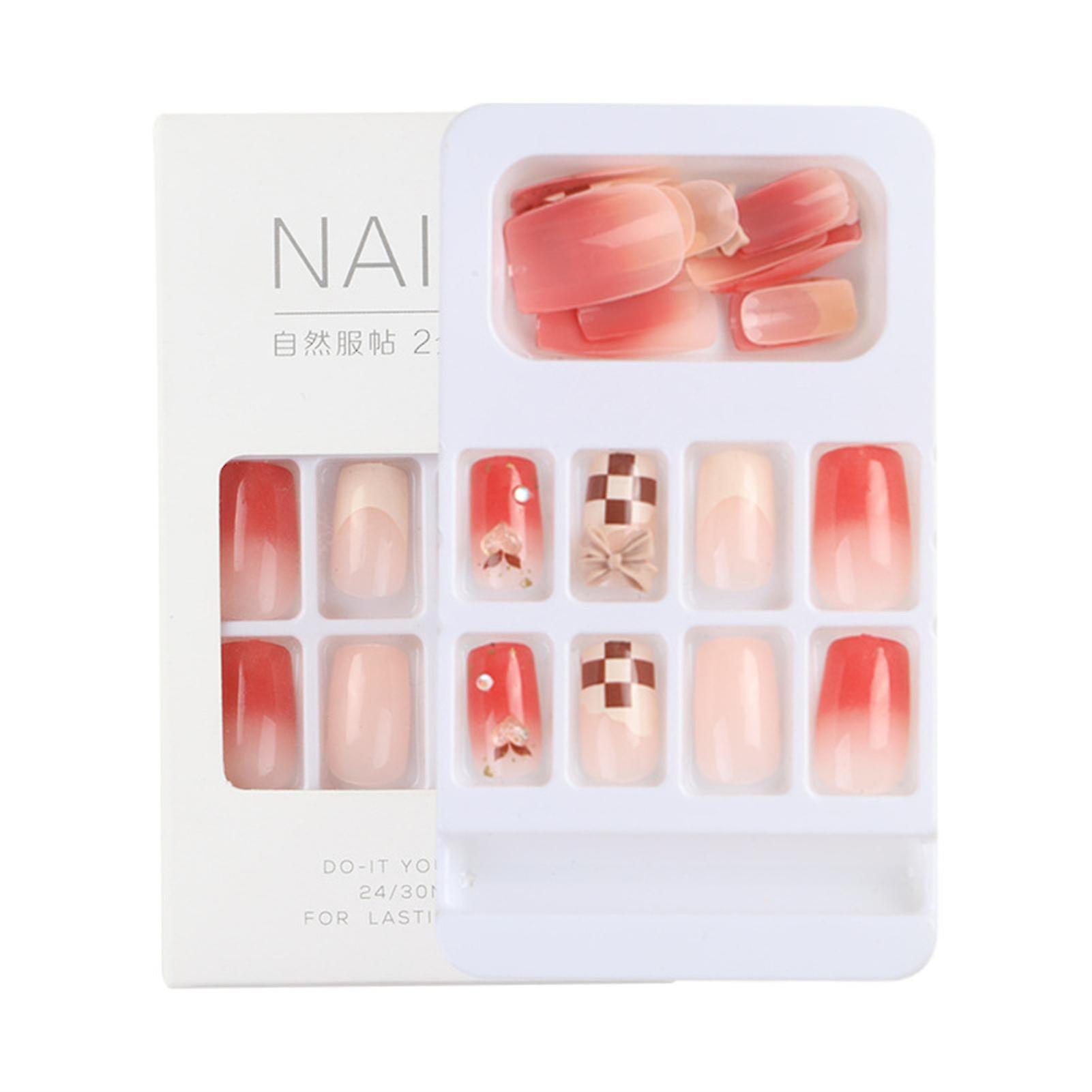 Brown Plaid Gradient Press-on Nails Thin Easy To Apply & Remove Fake Nails