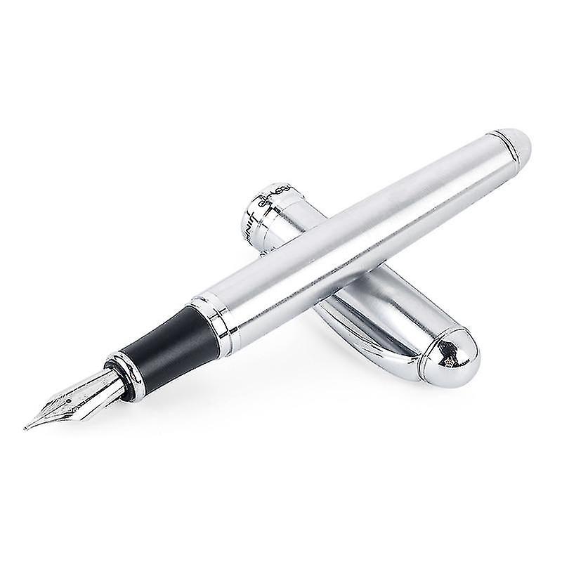 Silver Stainless Steel Fountain Pen Medium 18kgp Nib Name Ink Pencil