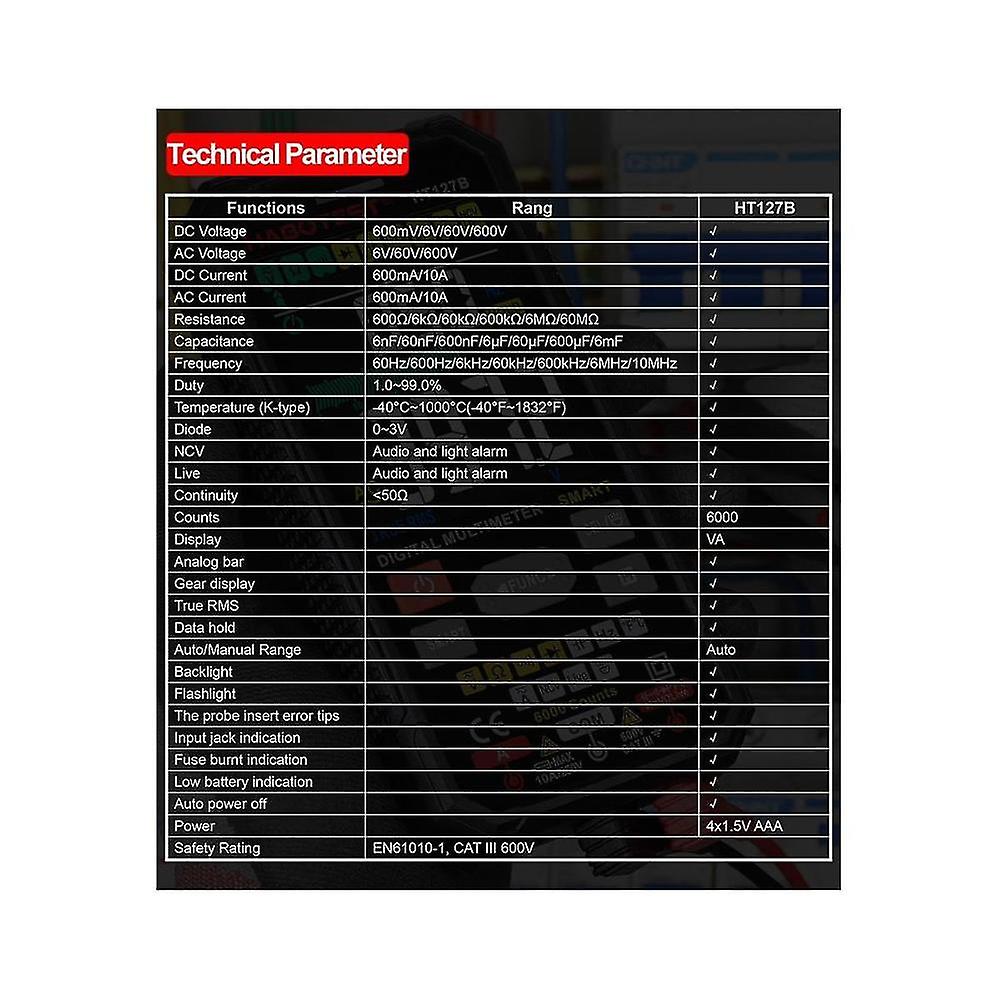 Ht127b Digital Multimeter 6000 Counts Universal Meter Auto Range True Mini Multifunctional Meter N