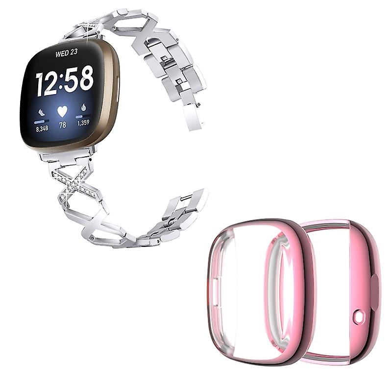 For Fitbit Versa 3/Sense X-shaped Watch Band Bracelet Wrist Strap with Rose Full Coverage Watch Case