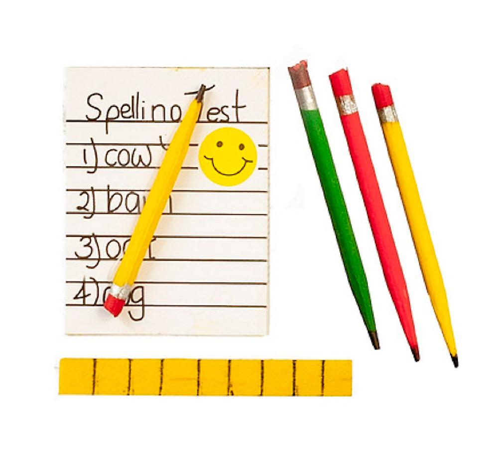 Dolls House Child's Spelling Test Ruler And Pencils 1:12 School Desk Accessory