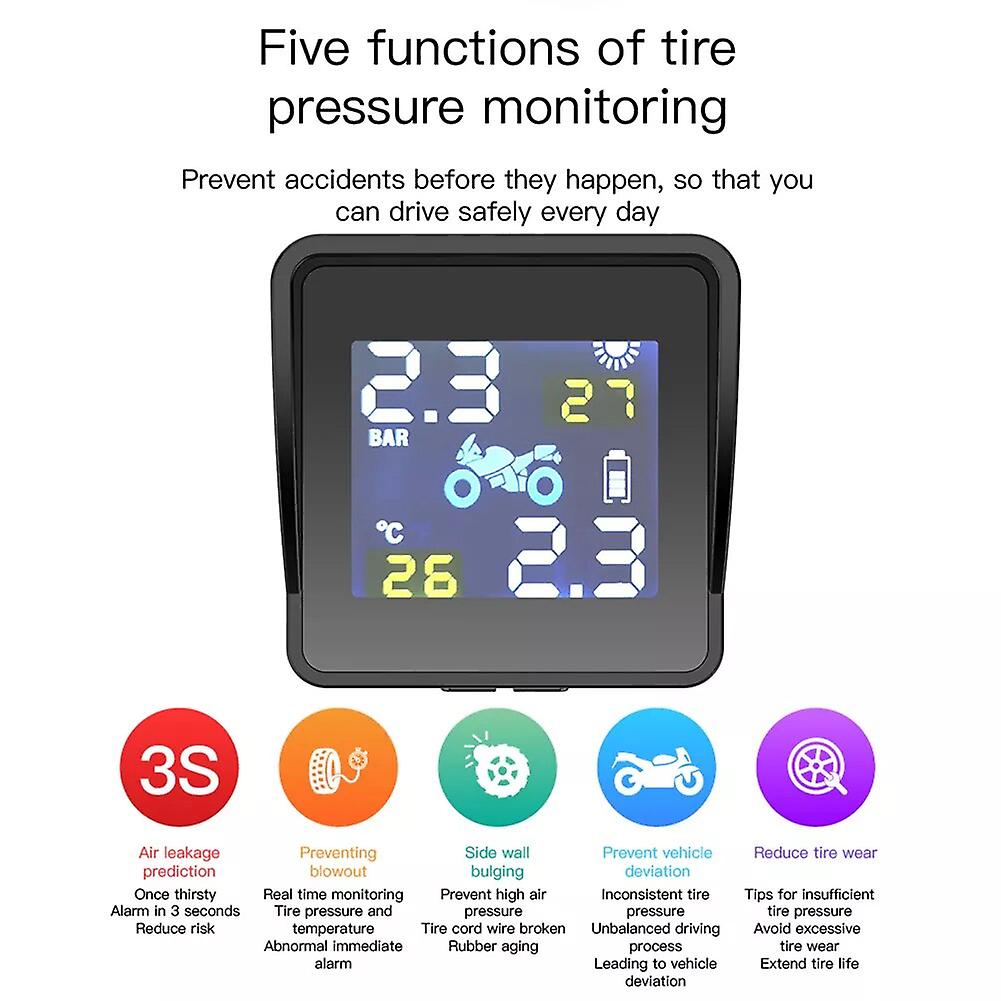 Solar Charging Lcd Motorcycle Tpms Ip65 Waterproof Tire Pressure Tyre Temperature Monitoring Alarm System With 2 Sensors