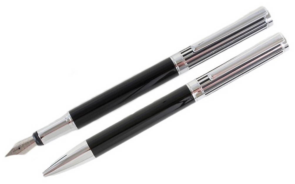 David Aster Lined Fountain Pen and Ballpoint Pen Set - Black/Silver