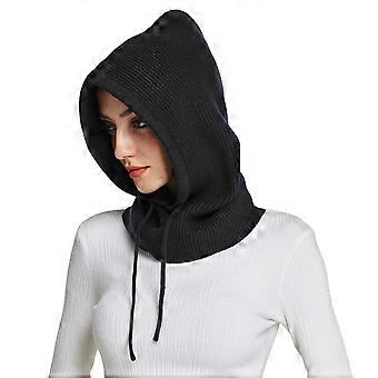 Ladies Winter Warm Knitted Drawstring Hooded Scarf Hat (Black)