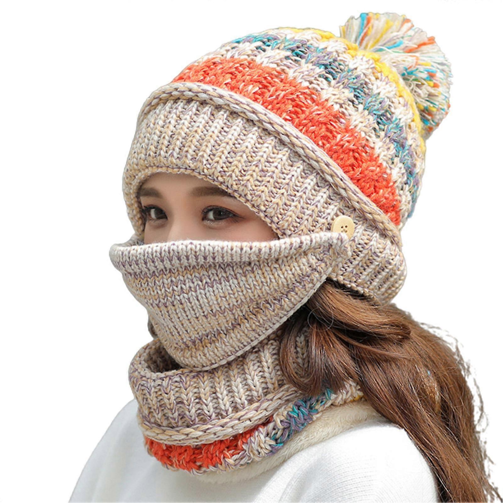 3pcs Hat Multicolor Warm Woolen Yarn Cable Knit Hat For Skiingbe