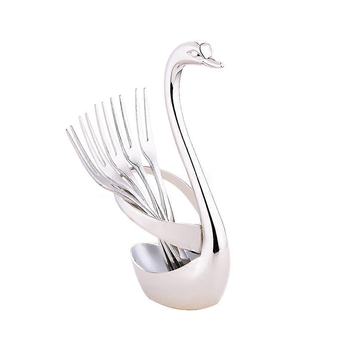 Swan Base Dinnerware Set Swan Forks And Spoons Holder For Fruit Dessert Flatware platinum + 5pcs Fruit Fork
