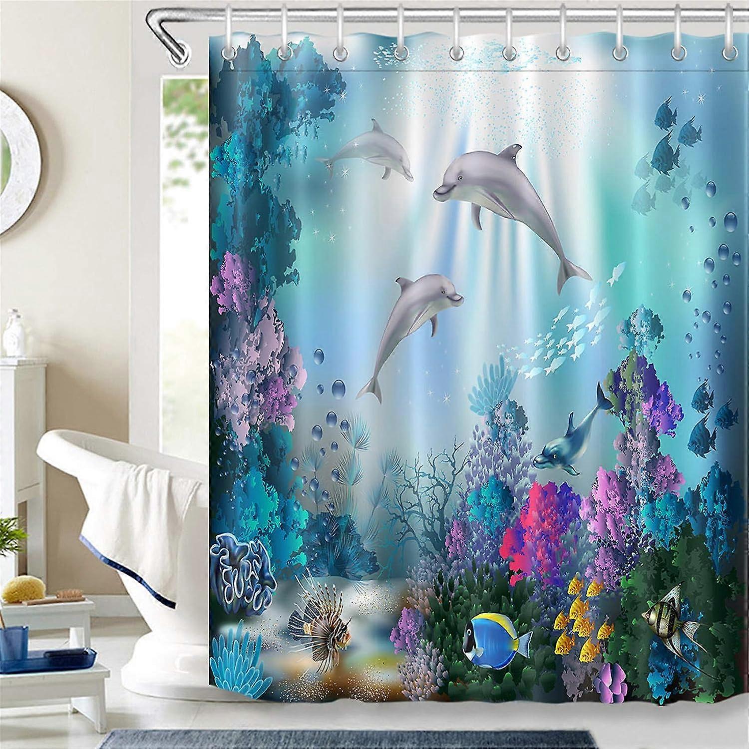 Underwater Shower Curtain with Hooks,180x200cm Dolphins Fish Coral Patterned Bath Curtains,Water Resistant Mildew Proof Washable Polyester Fabric