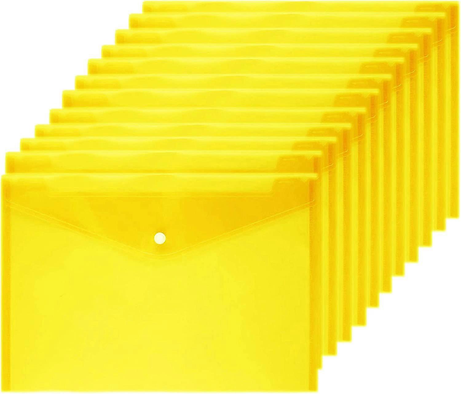 Poly Envelope 12 Pcs Document Envelopes with Snap Button Quality Clear Document Folder for A4 Size (Yellow)