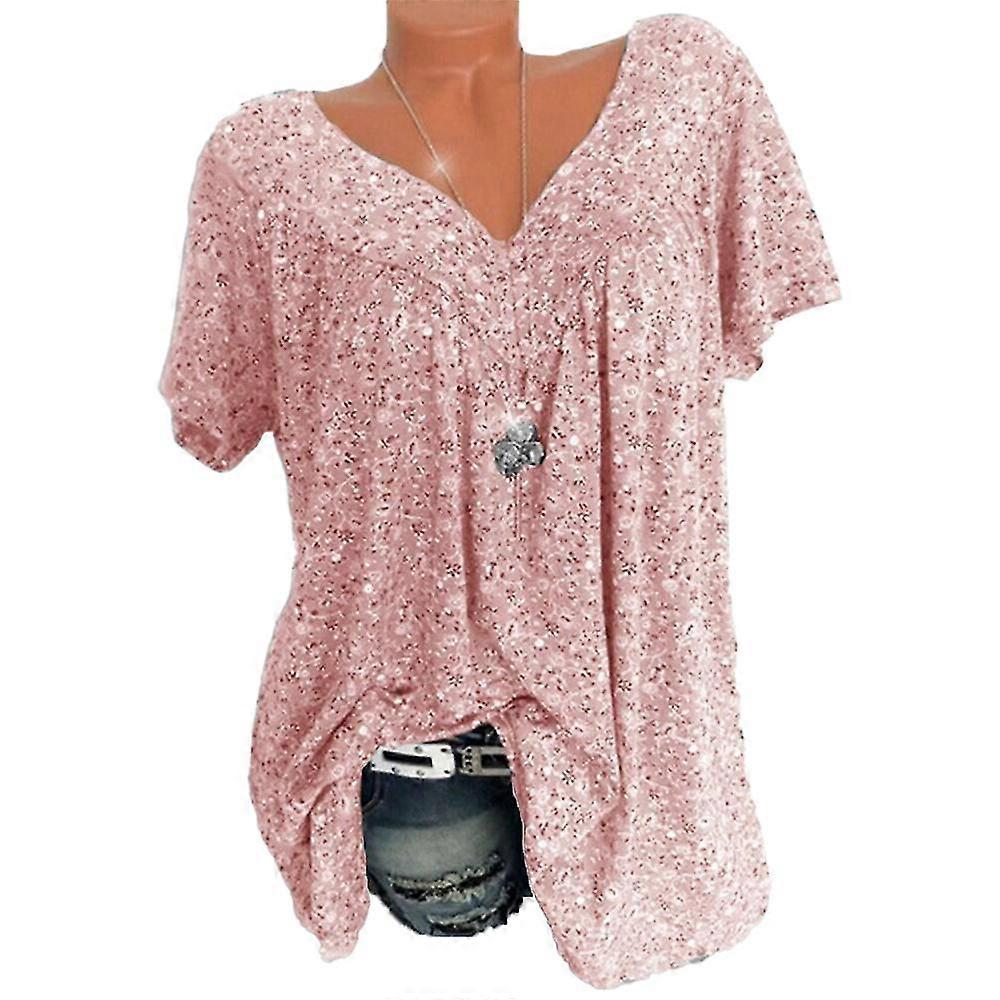 Plus Size Women V-neck Floral Short Sleeve T-shirt Casual Tee Tops Summer-MXBC