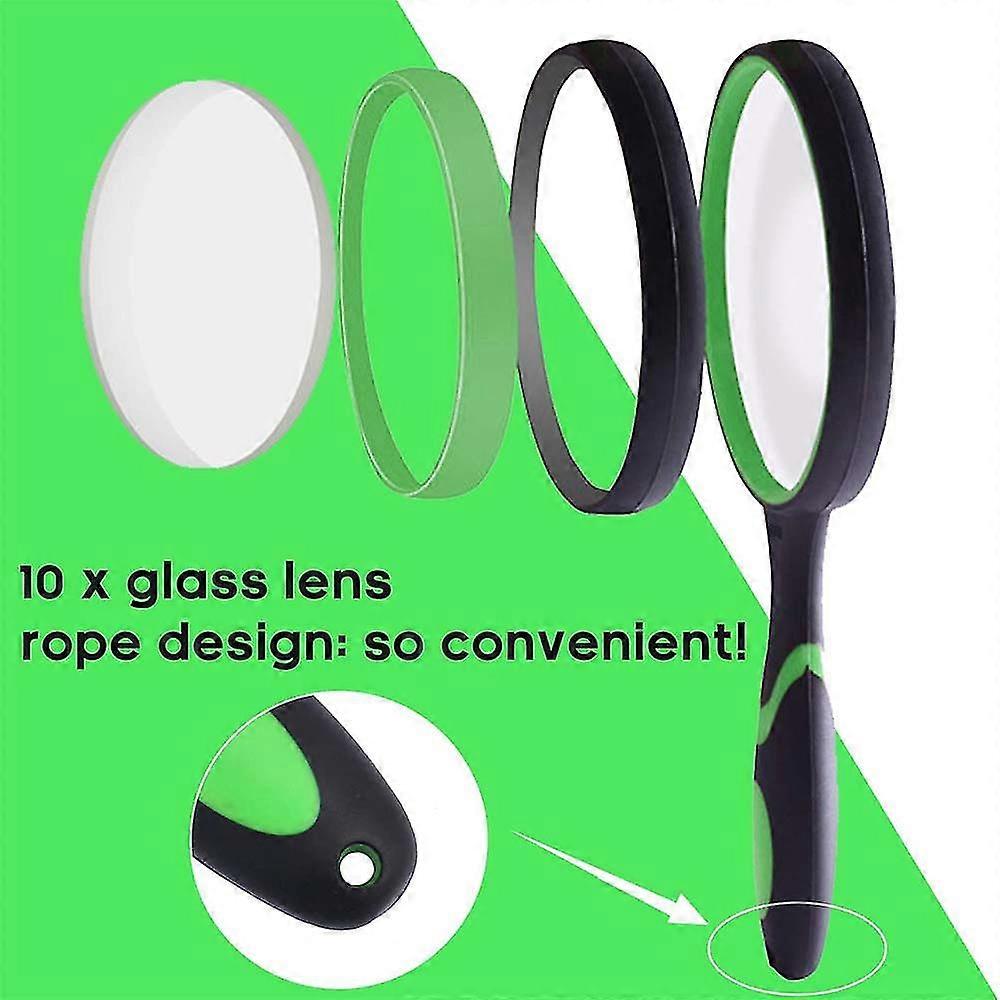 Shatterproof Magnifying Glass 10x Handheld Reading Magnifier, 75mm Non-scratch Quality Glass Lens, Thickened Rubbery Frame, Perfect For Seniors & Kids