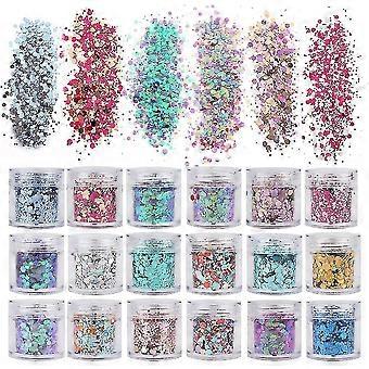 18 Boxes Body Glitter, Holographic Chunky Glitters Sequins,nail Sequins Iridescent Flakes, For Body Face Hair Make Up Nail Art