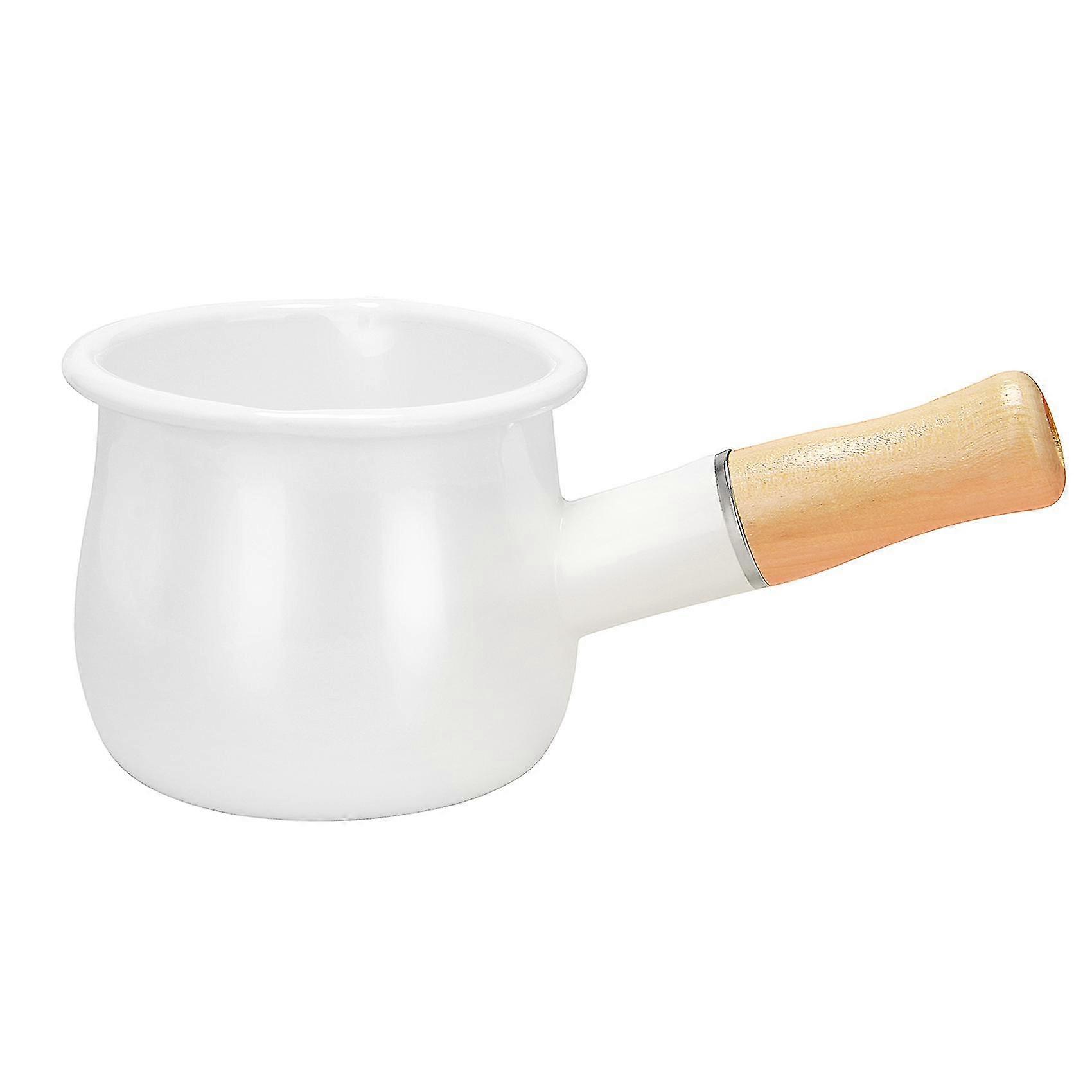 Enamel Milk Pan, Mini Butter Warmer 10cm Enamelware Saucepan Pan Cookware With Wooden Handle, Perfe