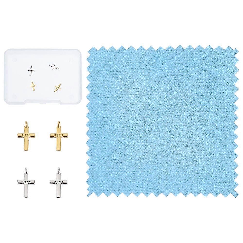 4Pcs 2 Colors Rhodium Plated 925 Sterling Silver Charms with Jump Rings and Suede Fabric Square Silver Polishing Cloth Cross with S925 Stamp Mixed Col