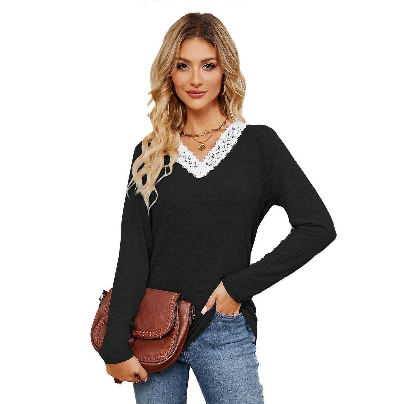 Spring and Autumn Women's Blouse Solid Color V-neck Splicing Loose Long-sleeved Tops